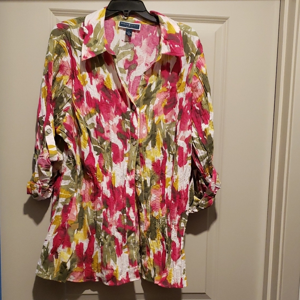 Karen Scott Pink, Olive & Yellow Floral Button-Front Shirt